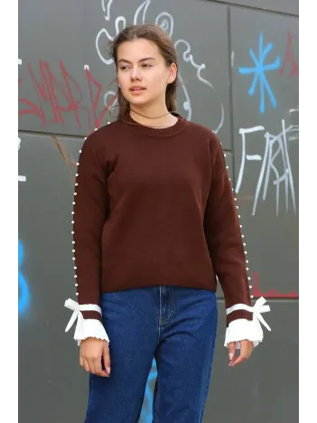 Boncuklu Bile Detaylı Kazak Kahve