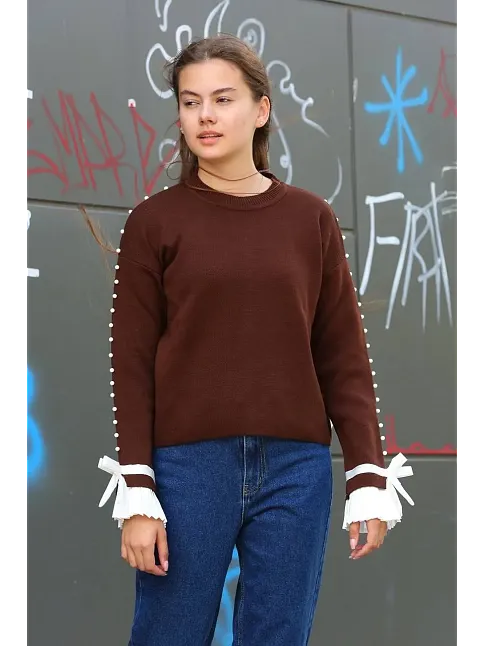 Boncuklu Bile Detaylı Kazak Kahve
