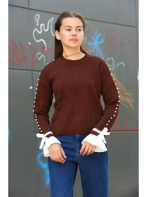 Boncuklu Bile Detaylı Kazak Kahve