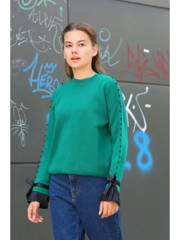 Boncuklu Bile Detaylı Kazak Petrol Yeşili Boncuklu Bile Detaylı Kazak Petrol Yeşili