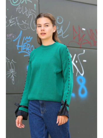 Boncuklu bile detaylı kazak petrol yeşili Boncuklu bile detaylı kazak petrol yeşili