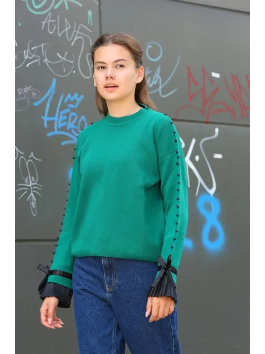 Boncuklu Bile Detaylı Kazak Petrol Yeşili