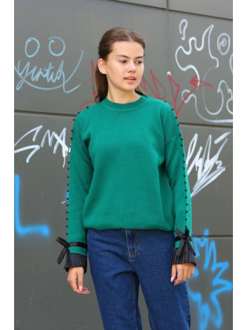 Boncuklu bile detaylı kazak petrol yeşili Boncuklu bile detaylı kazak petrol yeşili