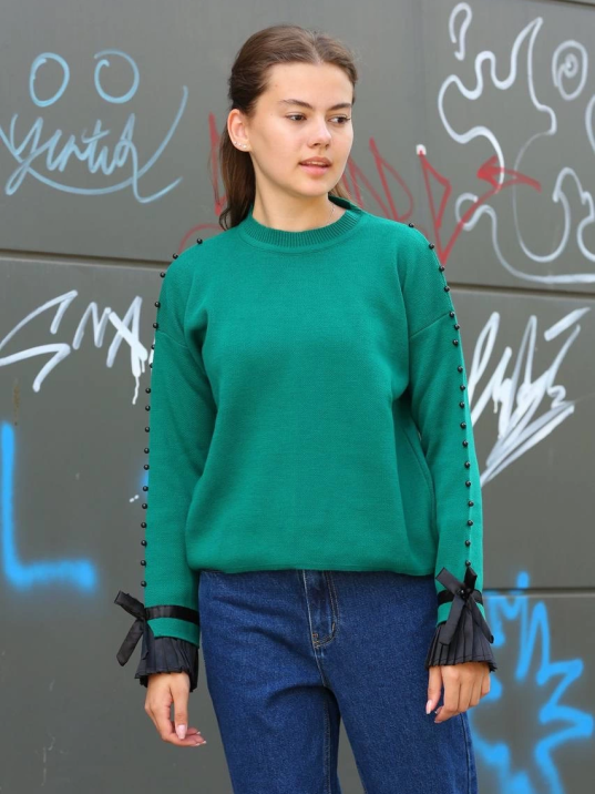 Boncuklu bile detaylı kazak petrol yeşili Boncuklu bile detaylı kazak petrol yeşili