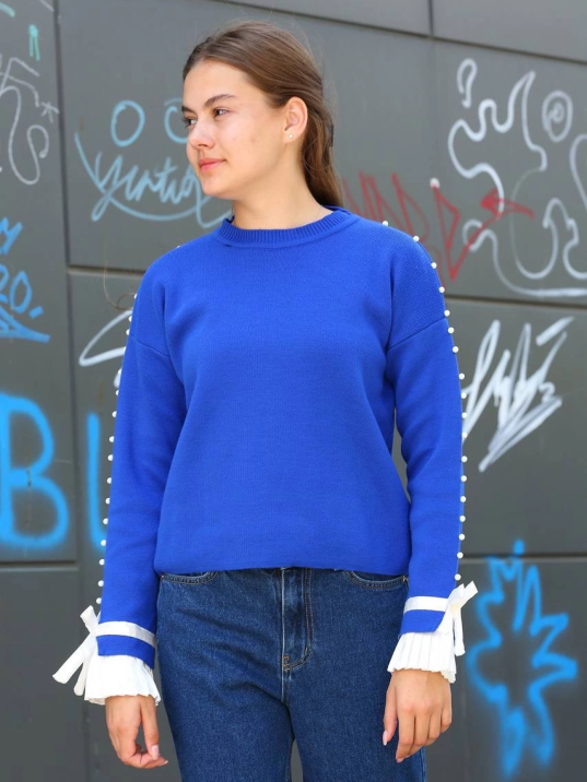 Boncuklu bile detaylı kazak saks mavisi Boncuklu bile detaylı kazak saks mavisi