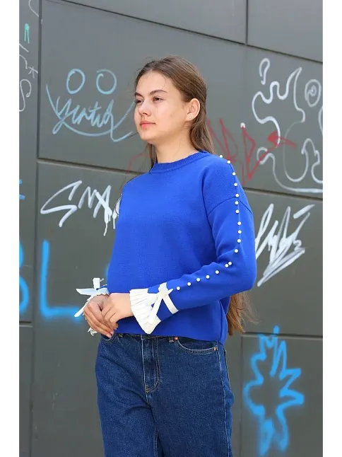 Boncuklu Bile Detaylı Kazak Saks Mavisi