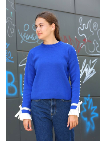 Boncuklu bile detaylı kazak saks mavisi Boncuklu bile detaylı kazak saks mavisi