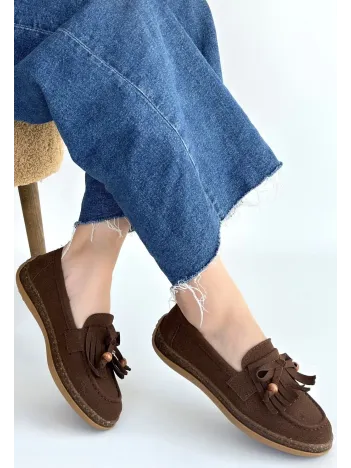 Boriy Kahverengi Deri Tozu Süet Babet Ayakkabı