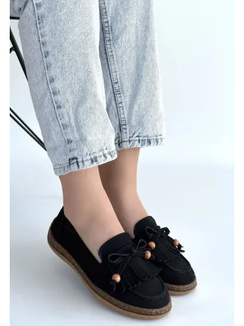 Boriy Siyah Deri Tozu Süet Babet Ayakkabı