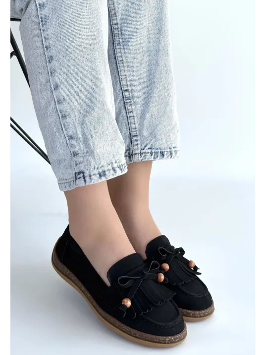 Boriy Siyah Deri Tozu Süet Babet Ayakkabı