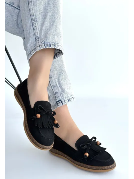 Boriy Siyah Deri Tozu Süet Babet Ayakkabı