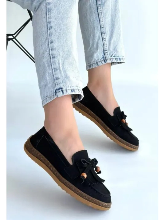 Boriy Siyah Deri Tozu Süet Babet Ayakkabı