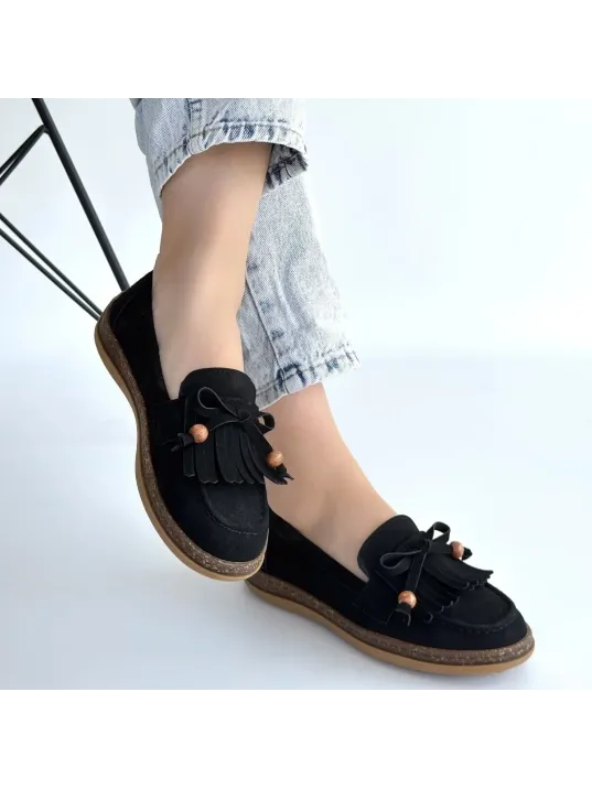 Boriy Siyah Deri Tozu Süet Babet Ayakkabı