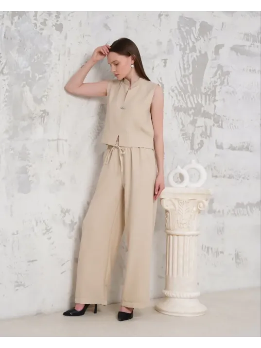 Broşlu Yelek Pantolon Takım Bej S255821