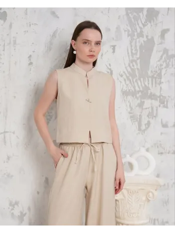 Broşlu Yelek Pantolon Takım Bej S255821