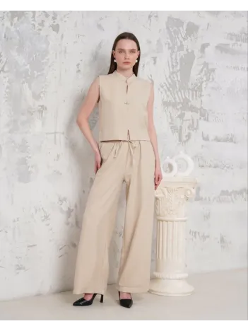 Broşlu Yelek Pantolon Takım Bej S255821