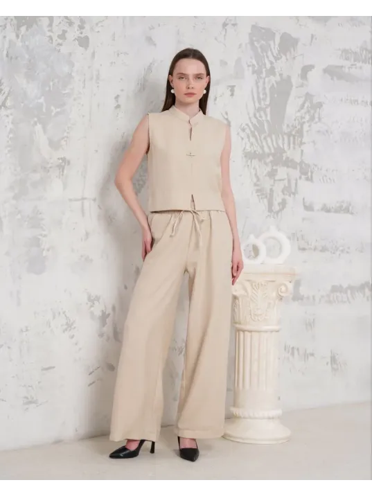 Broşlu Yelek Pantolon Takım Bej S255821