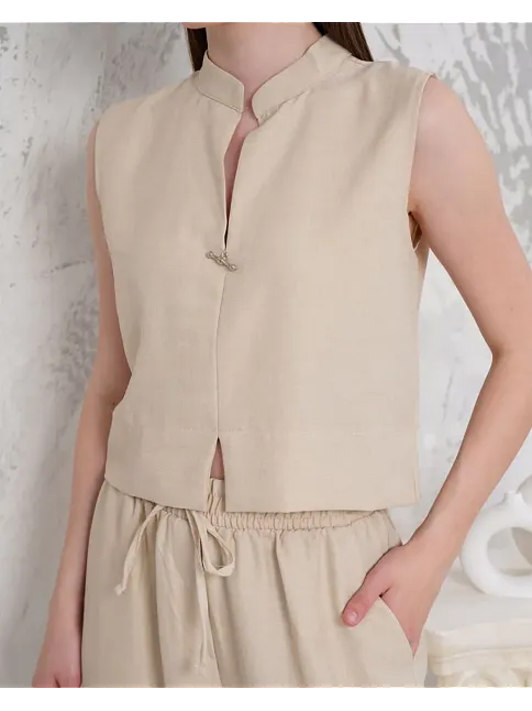 Broşlu Yelek Pantolon Takım Bej S255821