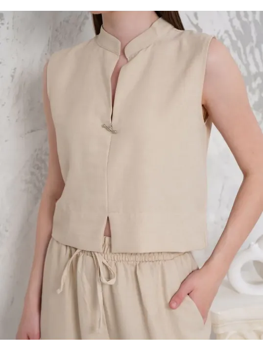 Broşlu Yelek Pantolon Takım Bej S255821