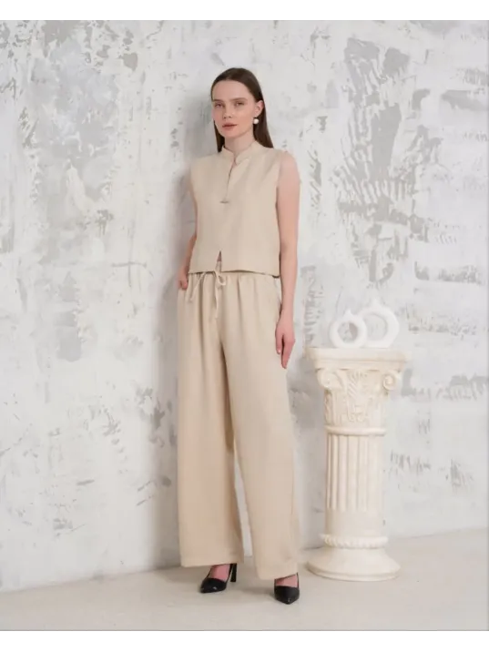 Broşlu Yelek Pantolon Takım Bej S255821