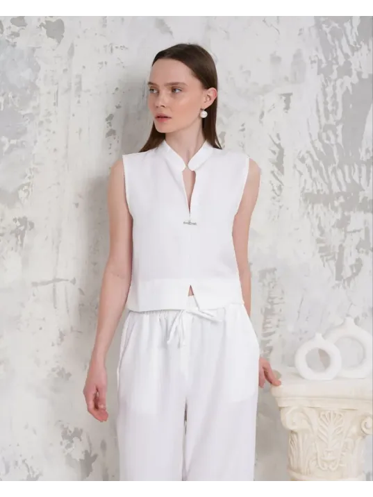 Broşlu Yelek Pantolon Takım Beyaz S255821