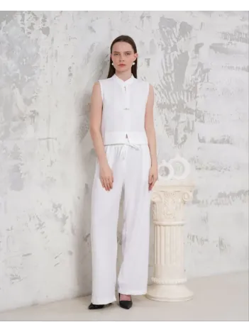 Broşlu Yelek Pantolon Takım Beyaz S255821