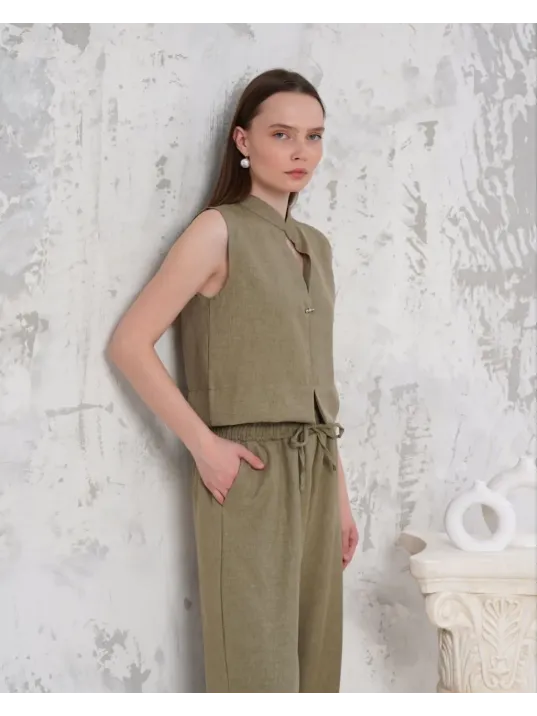 Broşlu Yelek Pantolon Takım Haki S255821