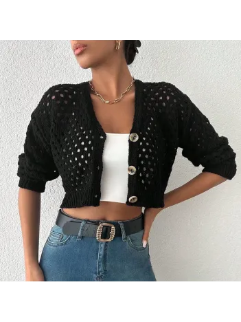 Büyük Düğmeli Delikli Hırka Siyah