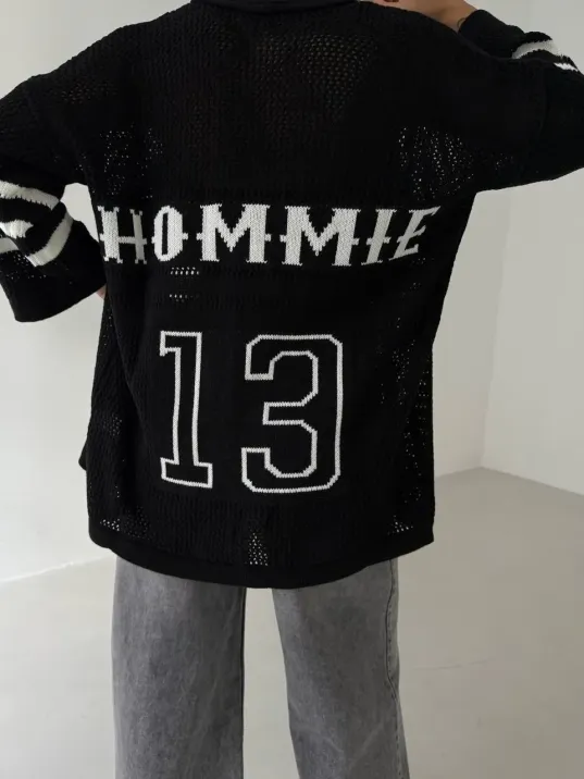 Büyük Düğmeli Salaş Triko Hırka Siyahbeyaz