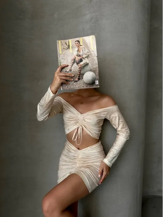 Büzgülü Etek Bluz Takım Bej S24709