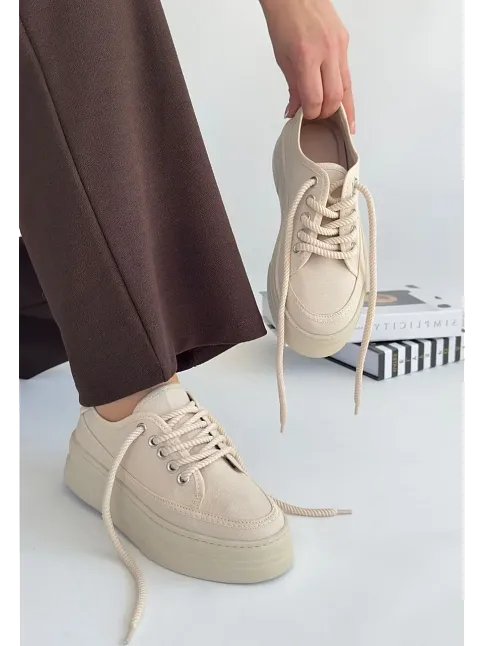 Carin Bej Keten Bağcıklı Spor Ayakkabı