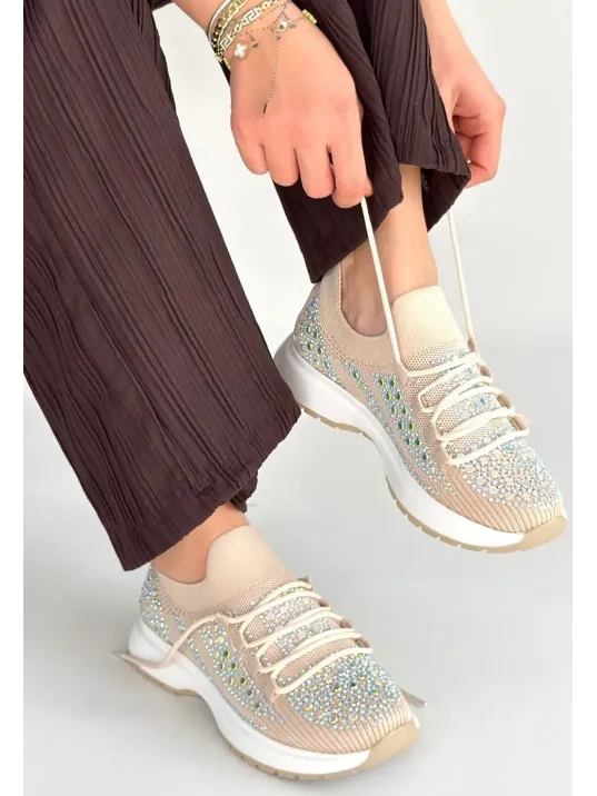 Ceas Bej Triko Bağcıklı Spor Ayakkabı