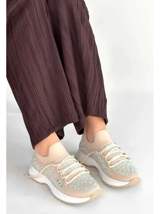 Ceas Bej Triko Bağcıklı Spor Ayakkabı