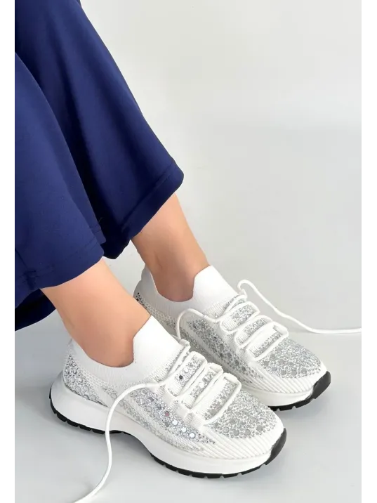 Ceas Beyaz Triko Bağcıklı Spor Ayakkabı
