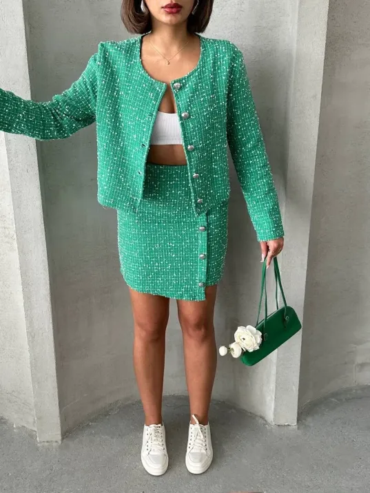 Ceketli Etek Takım Chl Kumaş Yeşil H24443