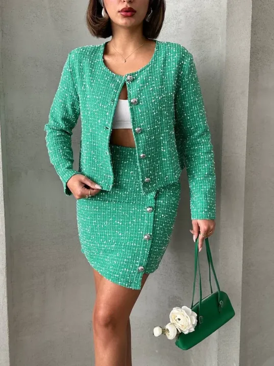 Ceketli Etek Takım Chl Kumaş Yeşil H24443