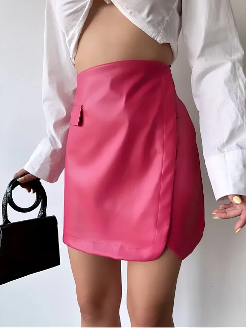 Cep Detaylı Oval Kapaklı Deri Etek Fuşya H240048