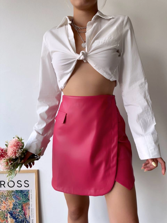 Cep detaylı oval kapaklı deri etek fuşya h240048 Cep detaylı oval kapaklı deri etek fuşya h240048