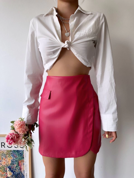 Cep detaylı oval kapaklı deri etek fuşya h240048 Cep detaylı oval kapaklı deri etek fuşya h240048