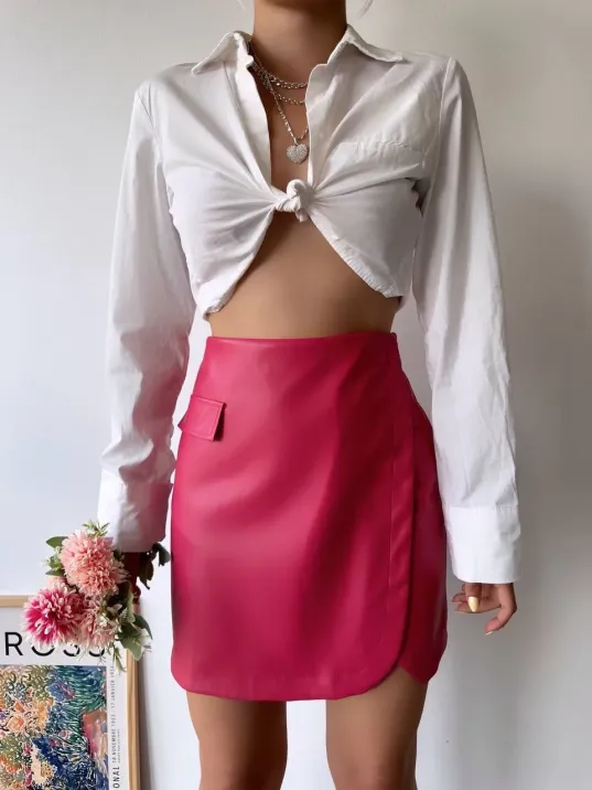 Cep Detaylı Oval Kapaklı Deri Etek Fuşya H240048