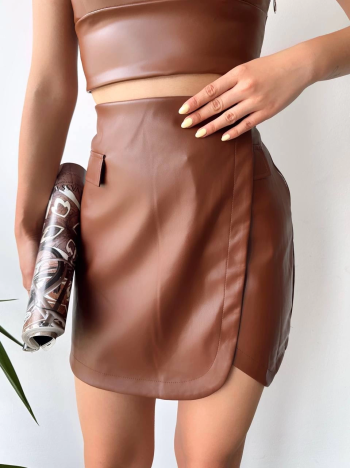 Cep detaylı oval kapaklı deri etek kahve h240048 Cep detaylı oval kapaklı deri etek kahve h240048