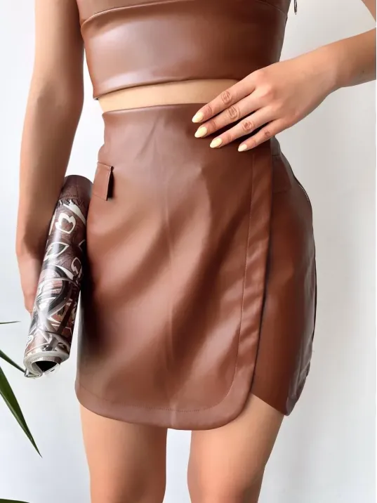 Cep Detaylı Oval Kapaklı Deri Etek Kahve H240048 Cep Detaylı Oval Kapaklı Deri Etek Kahve H240048