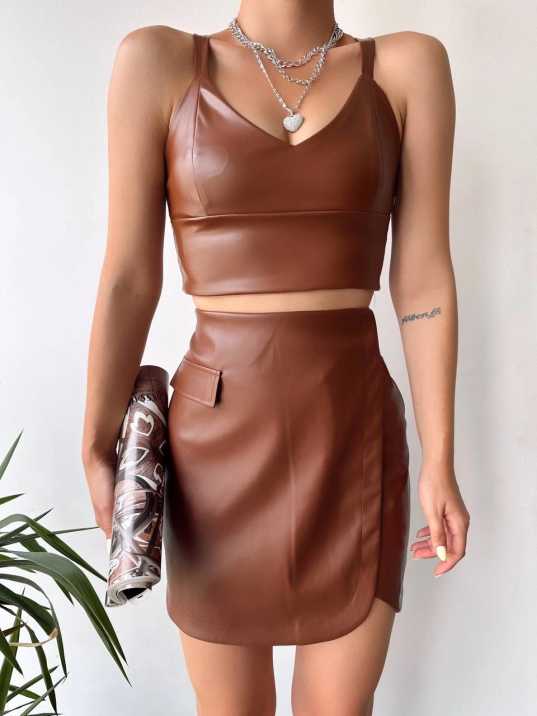 Cep detaylı oval kapaklı deri etek kahve h240048 Cep detaylı oval kapaklı deri etek kahve h240048