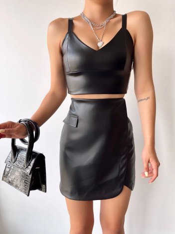 Cep detaylı oval kapaklı deri etek siyah h240048 Cep detaylı oval kapaklı deri etek siyah h240048