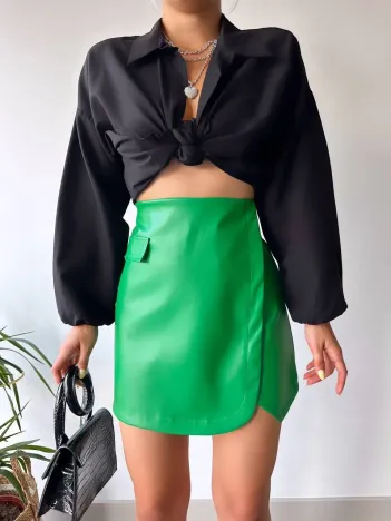 Cep Detaylı Oval Kapaklı Deri Etek Yeşil H240048