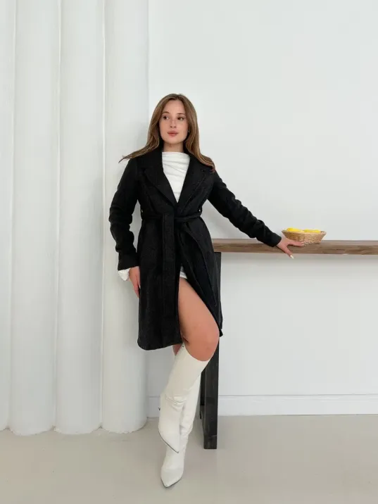 Cepli Kuşaklı Kaşe Kaban Antrasit St26458