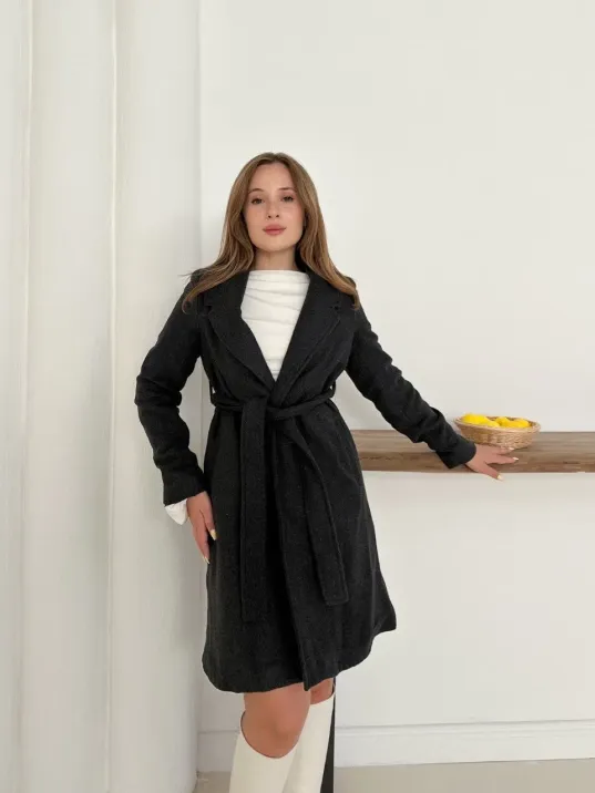 Cepli Kuşaklı Kaşe Kaban Antrasit St26458