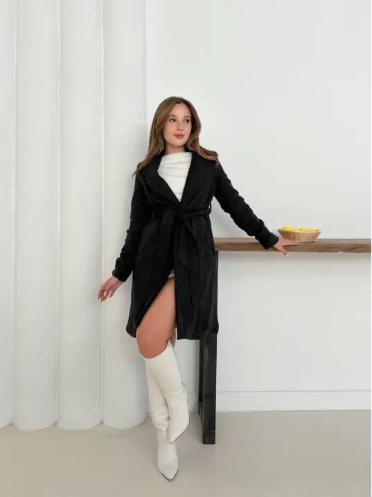 Cepli Kuşaklı Kaşe Kaban Antrasit St26458