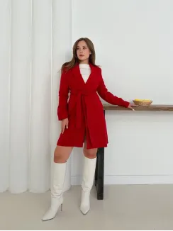 Cepli Kuşaklı Kaşe Kaban Kırmızı St26458