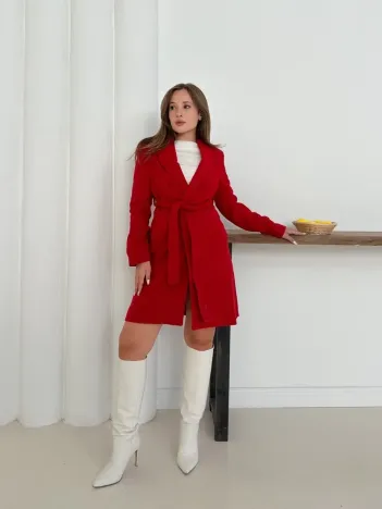 Cepli Kuşaklı Kaşe Kaban Kırmızı St26458